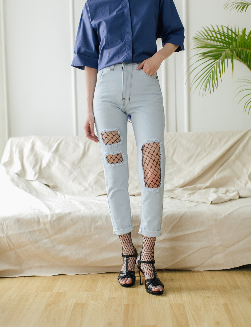 jeans and fishnet tights